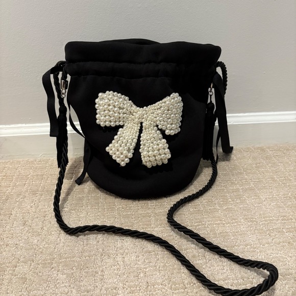 Dixie Black Beaded Bow Bucket Bag Evening Party Purse Drawstring Pearl Coquette - Picture 1 of 12
